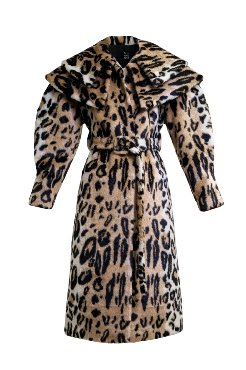 Blikvanger leopard faux fur coat displayed on a hanger with a soft, plush texture and stylish animal print.