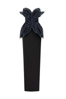 Black REEM Silk Taffeta gown by 21Six, elegant floor-length dress with a smooth, shiny silk taffeta fabric and flowing silhouette.