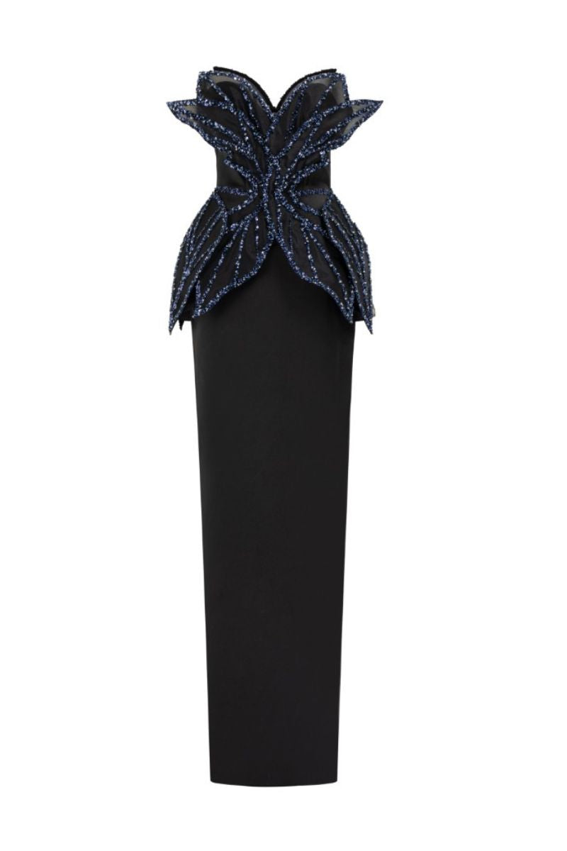 Black REEM Silk Taffeta gown by 21Six, elegant floor-length dress with a smooth, shiny silk taffeta fabric and flowing silhouette.