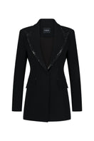 Black Lili Blanc modern elegance blazer with tailored fit, featuring a sleek lapel and structured design for sophisticated style.