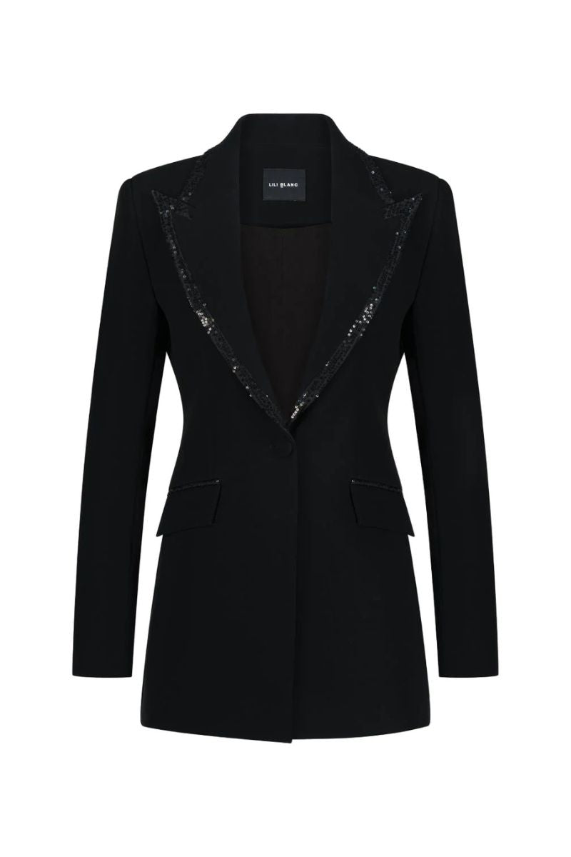 Black Lili Blanc modern elegance blazer with tailored fit, featuring a sleek lapel and structured design for sophisticated style.