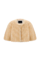 Nana Jacqueline Thalia cropped faux fur jacket in soft beige, stylishly draped with a wide collar and long sleeves.