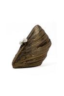 Black saline fan-shaped clutch by Emm Kuo, stylish and compact with a unique fan design, perfect for evening wear.