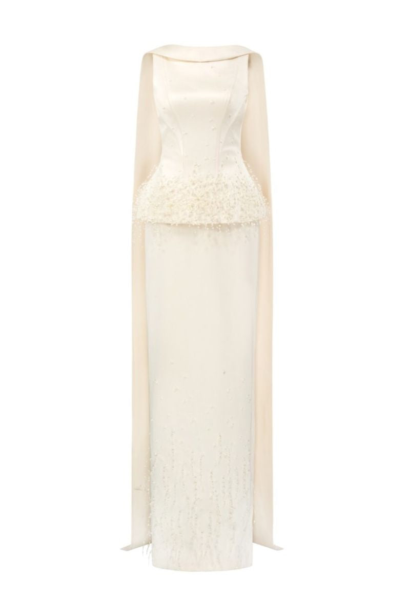 White Salma Silk Taffeta gown by 21Six, elegant floor-length dress with a flowy silhouette and delicate fabric details.