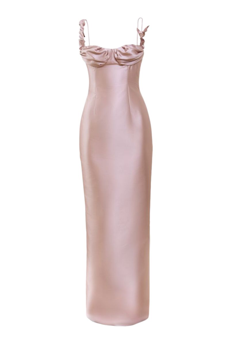 YASSMIN SALEH HALO GOWN shown in soft fabric with flowing design and elegant details, perfect for formal occasions.