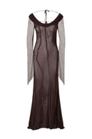 Brown mesh maxi dress by Suncillo, featuring a flowing design with sleeveless style and intricate mesh fabric.