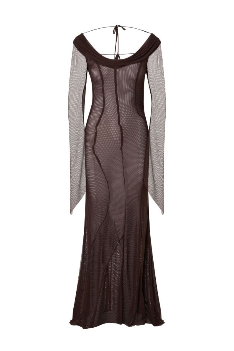 Brown mesh maxi dress by Suncillo, featuring a flowing design with sleeveless style and intricate mesh fabric.