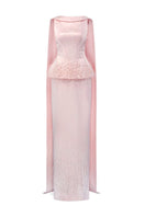 Light pink Salma Silk Taffeta gown by 21Six, flowing elegant dress with a fitted bodice and full skirt.