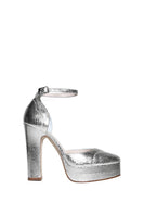 Silver platform heels by Terry de Havilland featuring a sleek heel design and metallic finish, ideal for stylish occasions.