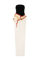Elegant white and black crepe and silk taffeta gown by 21Six, featuring a flowing design and sophisticated style.