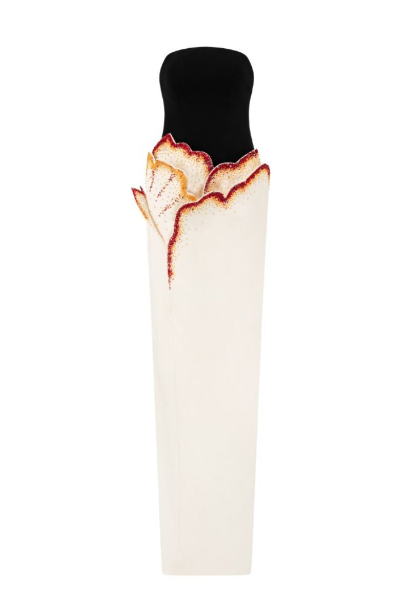Elegant white and black crepe and silk taffeta gown by 21Six, featuring a flowing design and sophisticated style.