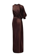 Brown LINGER GOWN maxi dress by YASSMIN SALEH with flowing fabric and elegant design, shown in a full-length view.