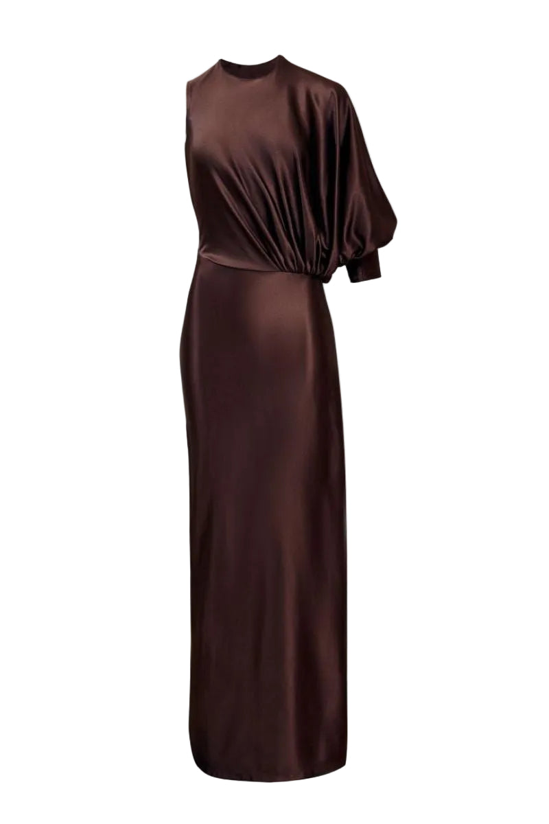 Brown LINGER GOWN maxi dress by YASSMIN SALEH with flowing fabric and elegant design, shown in a full-length view.
