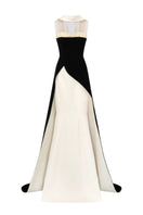 Black and white LULWA crepe and silk taffeta gown by 21Six, featuring elegant flowing fabric and sophisticated design.
