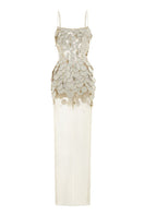 Cream white Seraphina maxi dress by POEM featuring a flowing silhouette and elegant design, displayed on a mannequin.