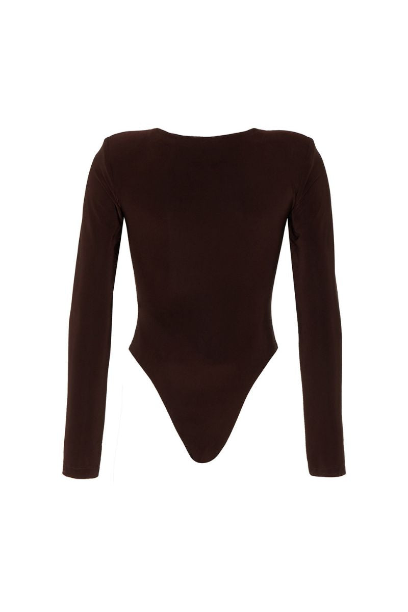 Studio NK Azalea brown bodysuit, a stylish women's top with a fitted design, displayed on a neutral background.