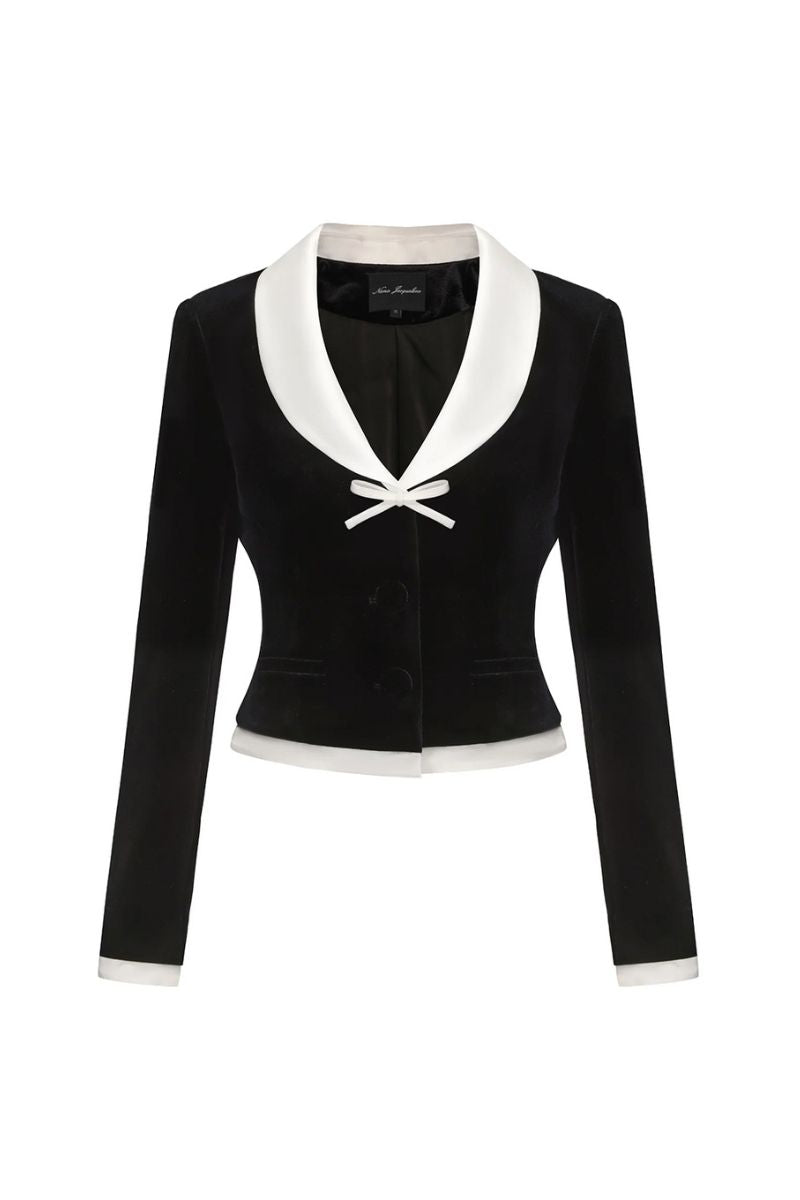 Nana Jacqueline Victoria Velvet Blazer in black, tailored fitted blazer with velvet fabric and sleek lapel design.