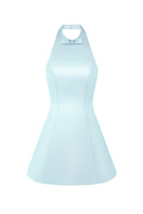 Light blue Cult Mia X Stolen Stores bow dress mini dress with a fitted bodice and bow detail, styled on a model.