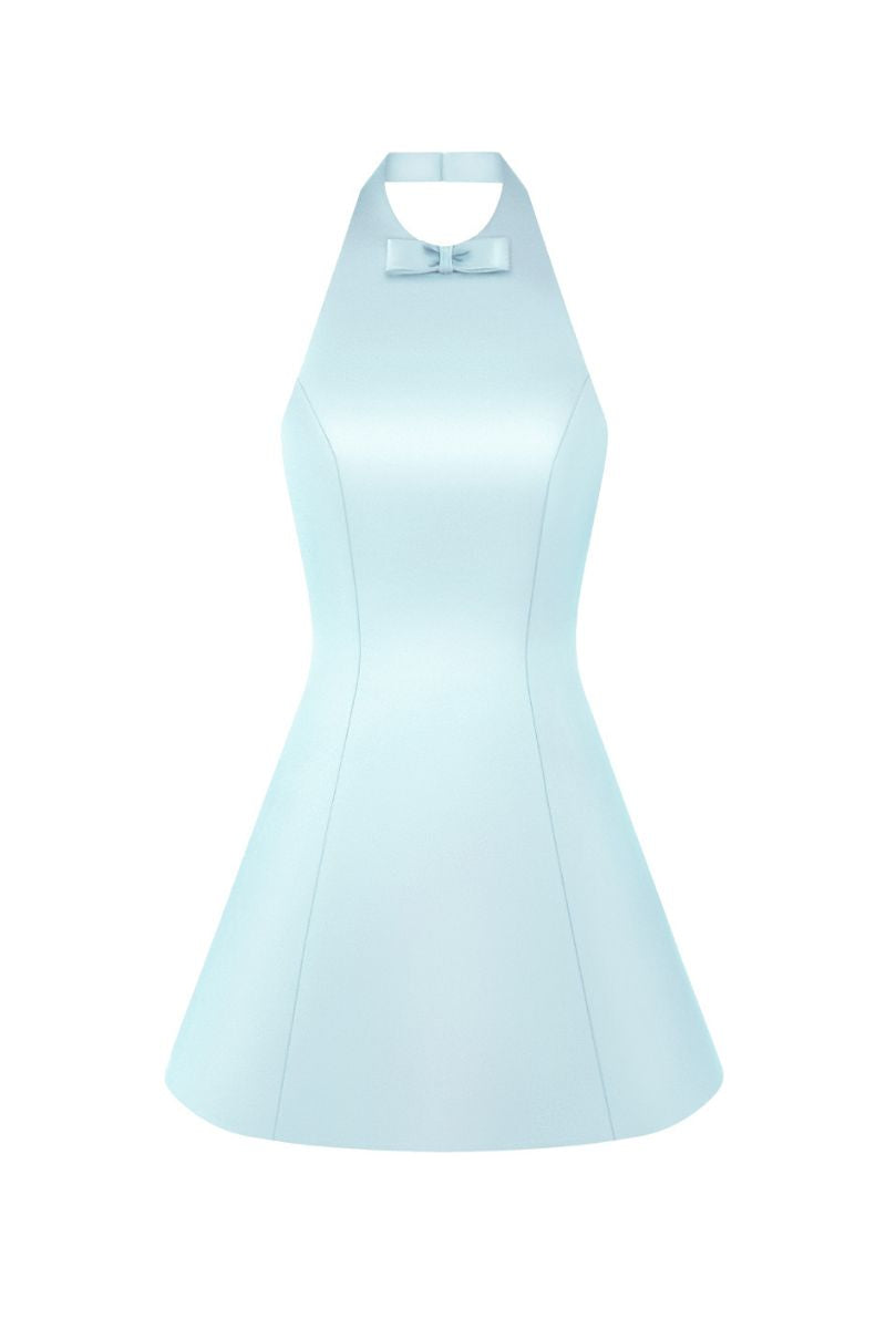 Light blue Cult Mia X Stolen Stores bow dress mini dress with a fitted bodice and bow detail, styled on a model.