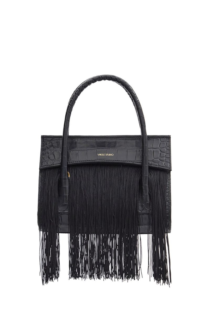 Black CELINE mini top handle bag by VIKELE STUDIO featuring sleek design and compact size, with a sturdy top handle and minimalist style.