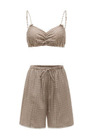 Brown plaid printed bandeau top and matching shorts from Not Just Pajama, featuring a cozy pajama set with a classic pattern.