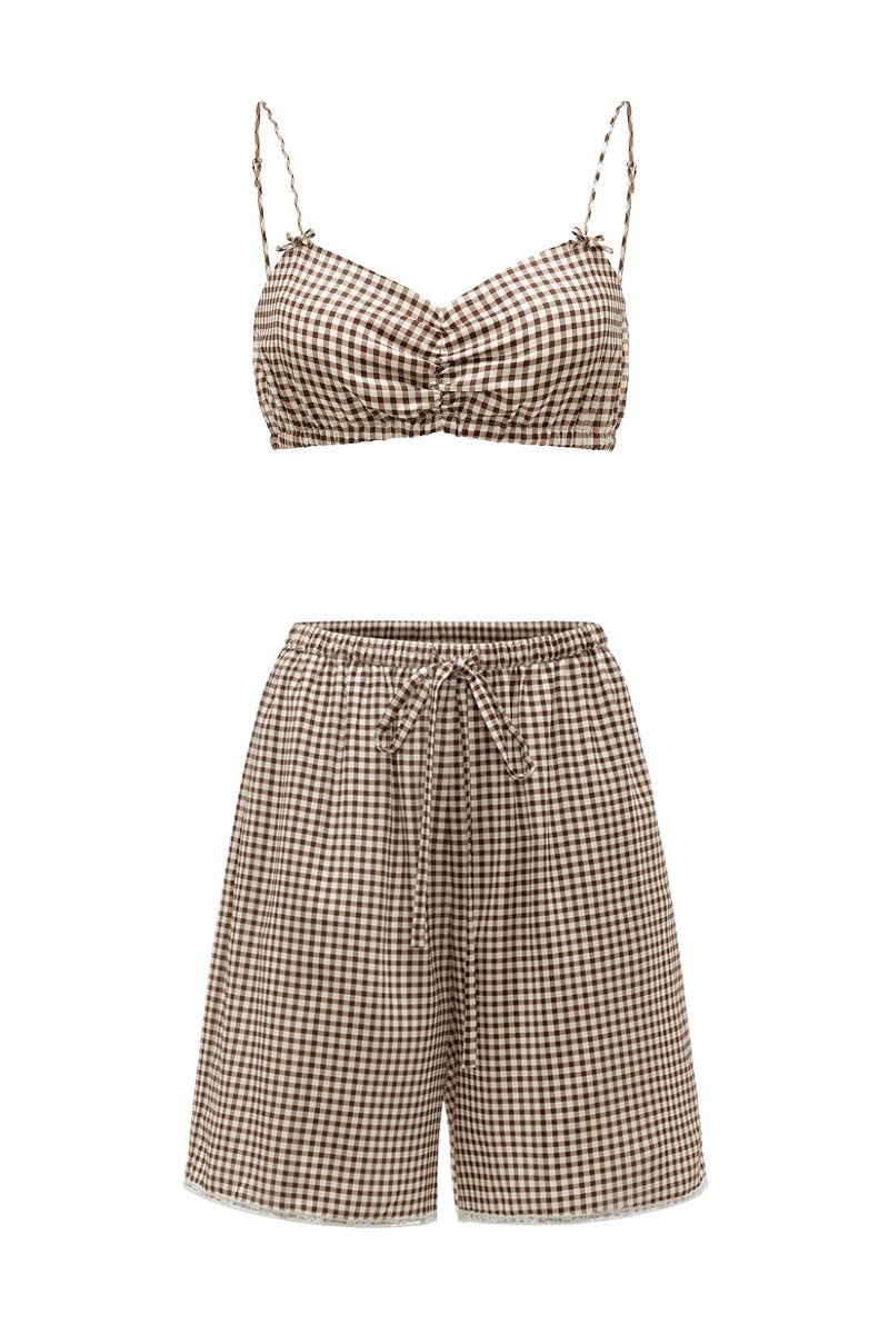 Brown plaid printed bandeau top and matching shorts from Not Just Pajama, featuring a cozy pajama set with a classic pattern.