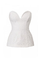 Off-white embroidered corset top by AGGI by HALEWSKI featuring intricate embroidery and fitted silhouette.