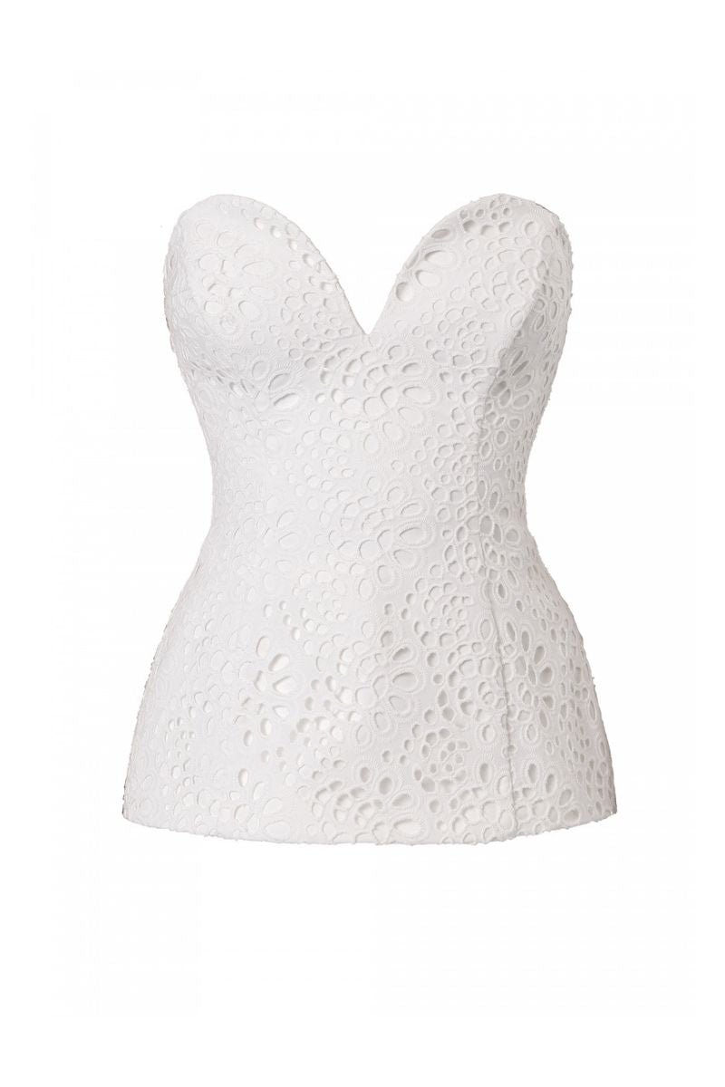 Off-white embroidered corset top by AGGI by HALEWSKI featuring intricate embroidery and fitted silhouette.