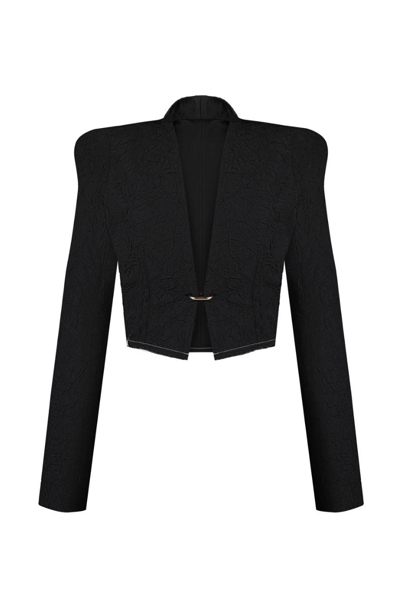Black Sean Sheila cropped crinkled jacket with a relaxed fit, featuring textured fabric and a stylish, casual design.