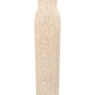 Beige Rana lace gown by 21Six featuring intricate lace details, fitted bodice, and flowing skirt, perfect for elegant occasions.