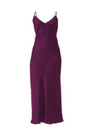 Elegant aubergine MASTANI slip dress in midi length, featuring a sleek, flowy fabric and minimalistic design.