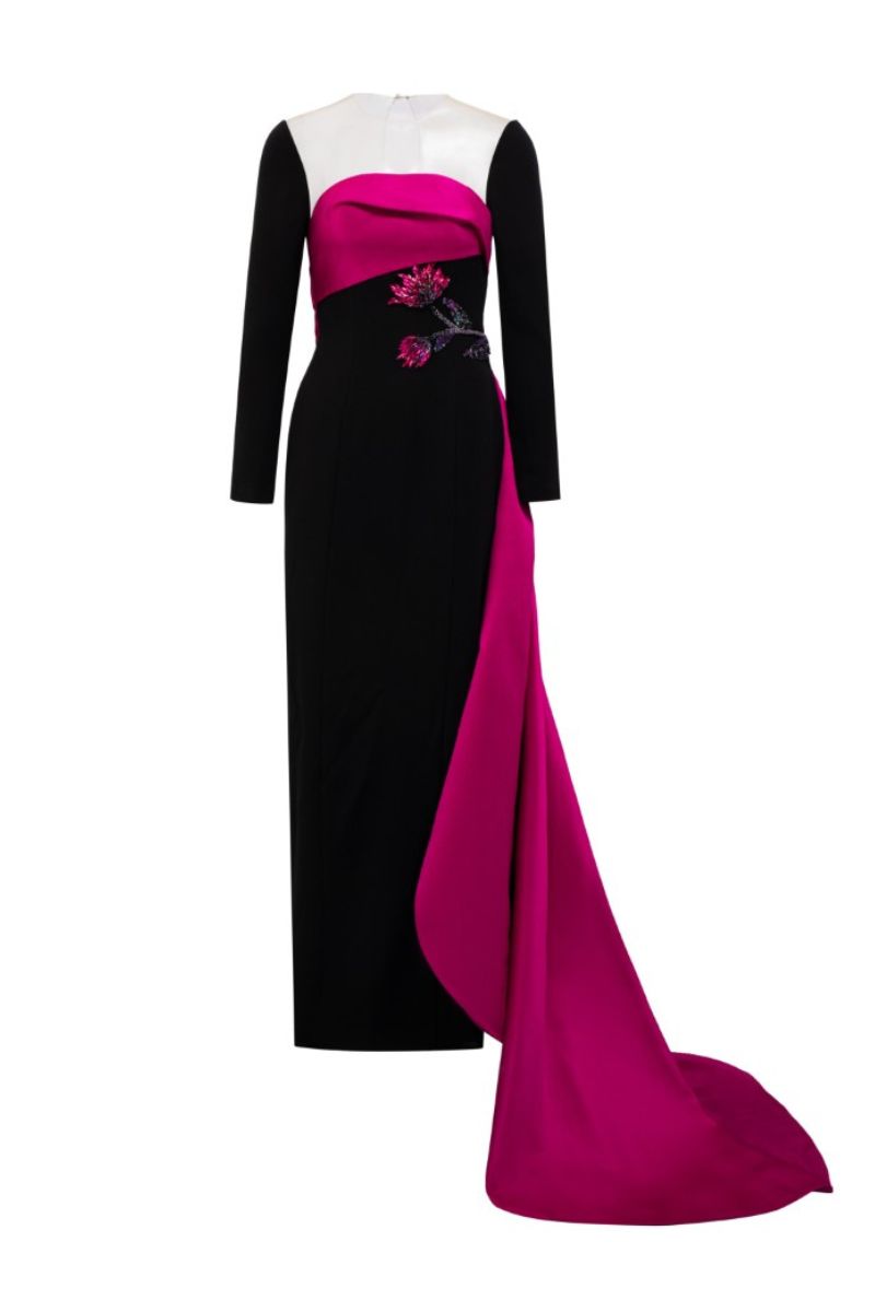 FARBIYOUN CREPE AND ROYAL TAFFETA DRESS IN BLACK AND PURPLE - CULT MIA
