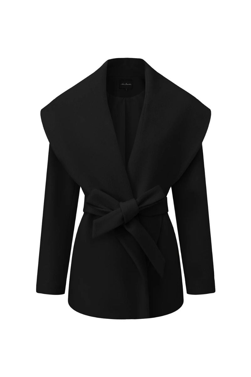 Black Nana Jacqueline Victoria Bow Coat featuring a tailored fit and elegant bow detail on the front, perfect for stylish winter wear.
