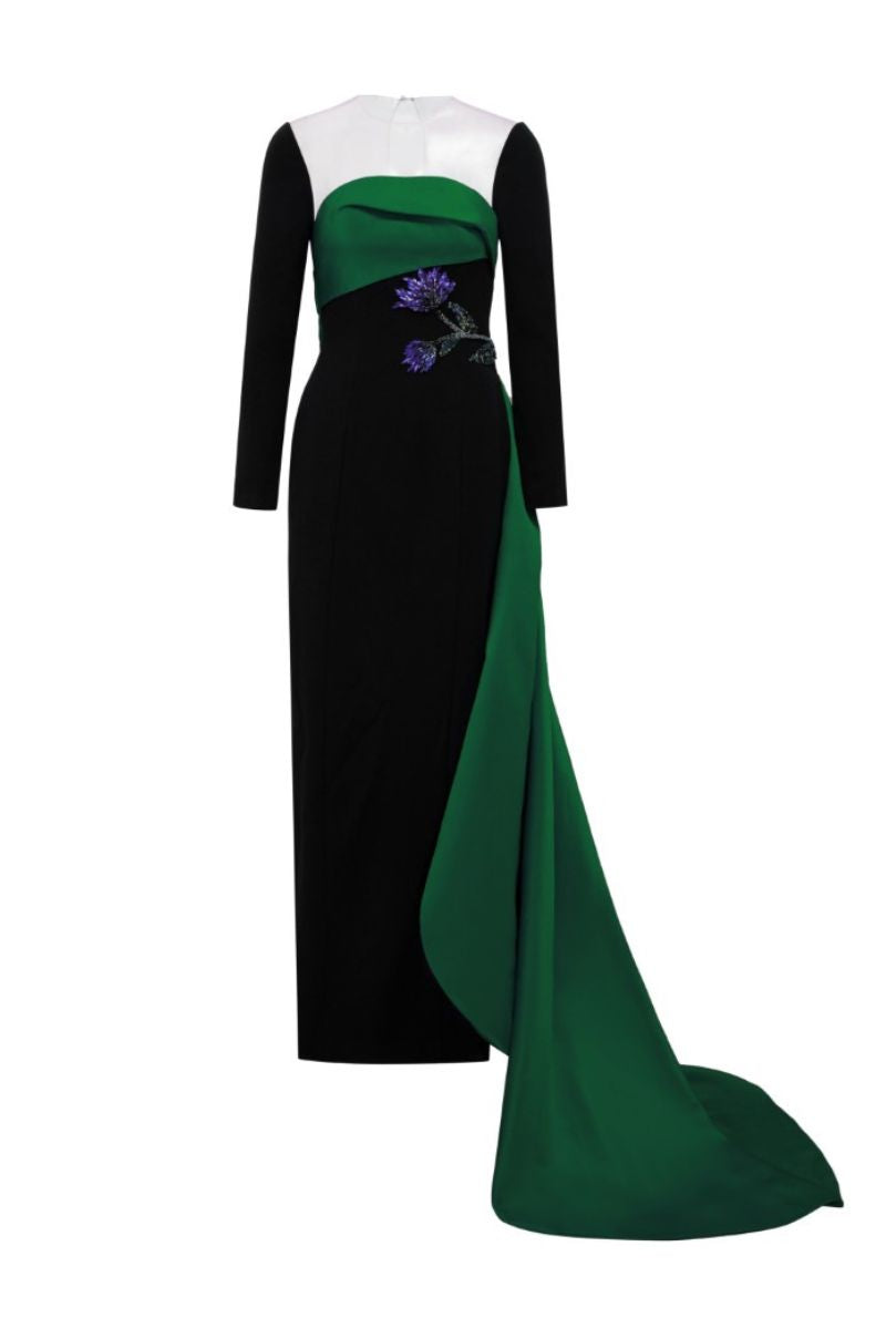 FARBIYOUN CREPE AND ROYAL TAFFETA DRESS IN BLACK AND GREEN - CULT MIA