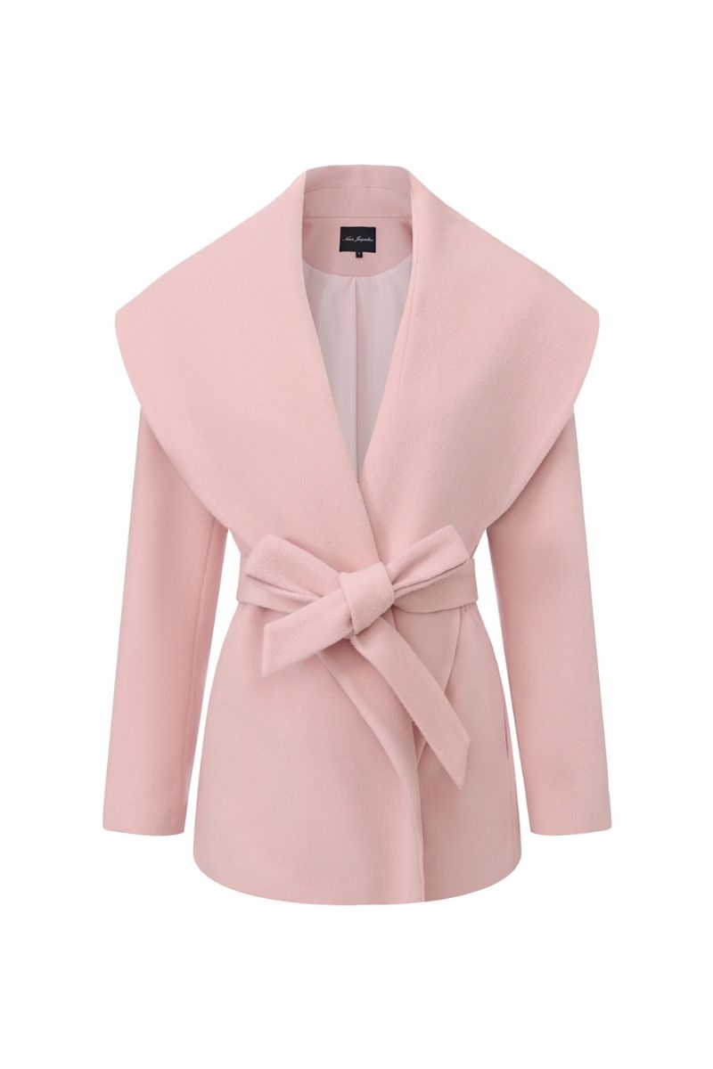 Pink Victoria bow coat by Nana Jacqueline, stylish women's outerwear featuring a bow detail and tailored fit.