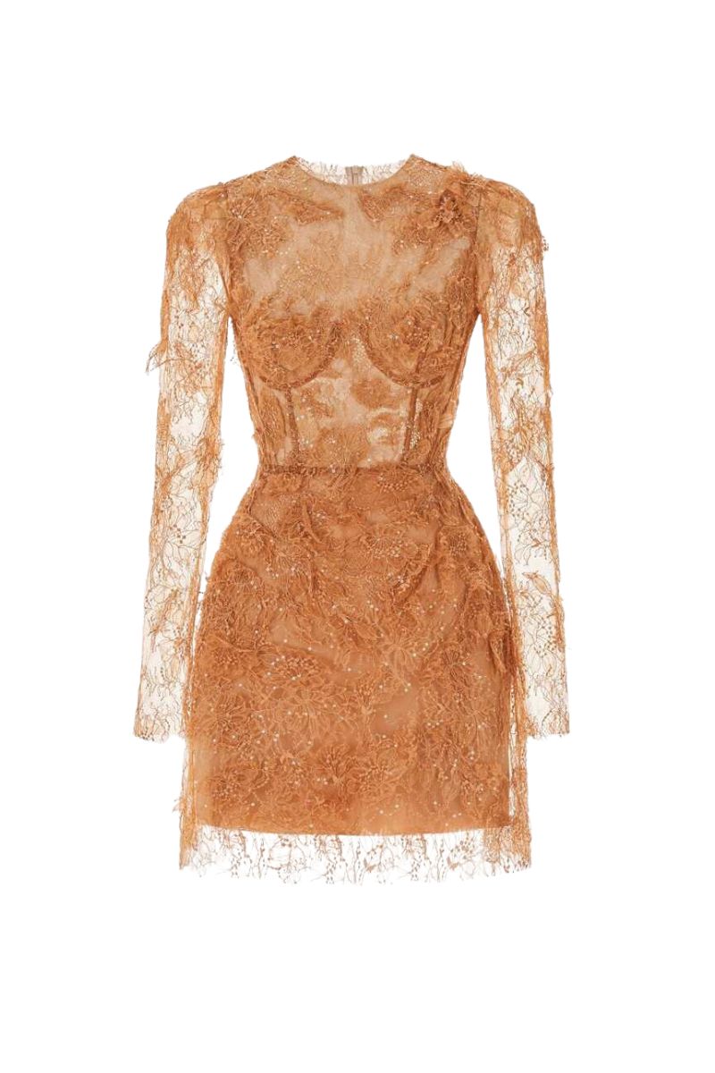 Montsand honey beaded lace mini dress with intricate beaded lace fabric, sleeveless design, and fitted silhouette.