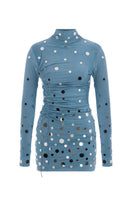 Sudi Etuz mirror-covered jersey mini dress displayed on a model, featuring a fitted silhouette and reflective mirror embellishments.