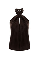 Brown satin top by Acaria Studio, featuring a stylish design, shown on a mannequin with smooth, shiny fabric and elegant fit.
