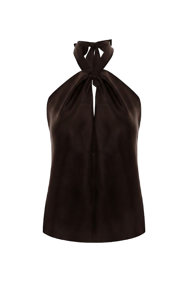 Brown satin top by Acaria Studio, featuring a stylish design, shown on a mannequin with smooth, shiny fabric and elegant fit.