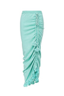 Mint carnation knit midi skirt with handmade embroidery from Andreeva, featuring a fitted waist and intricate floral embroidery.