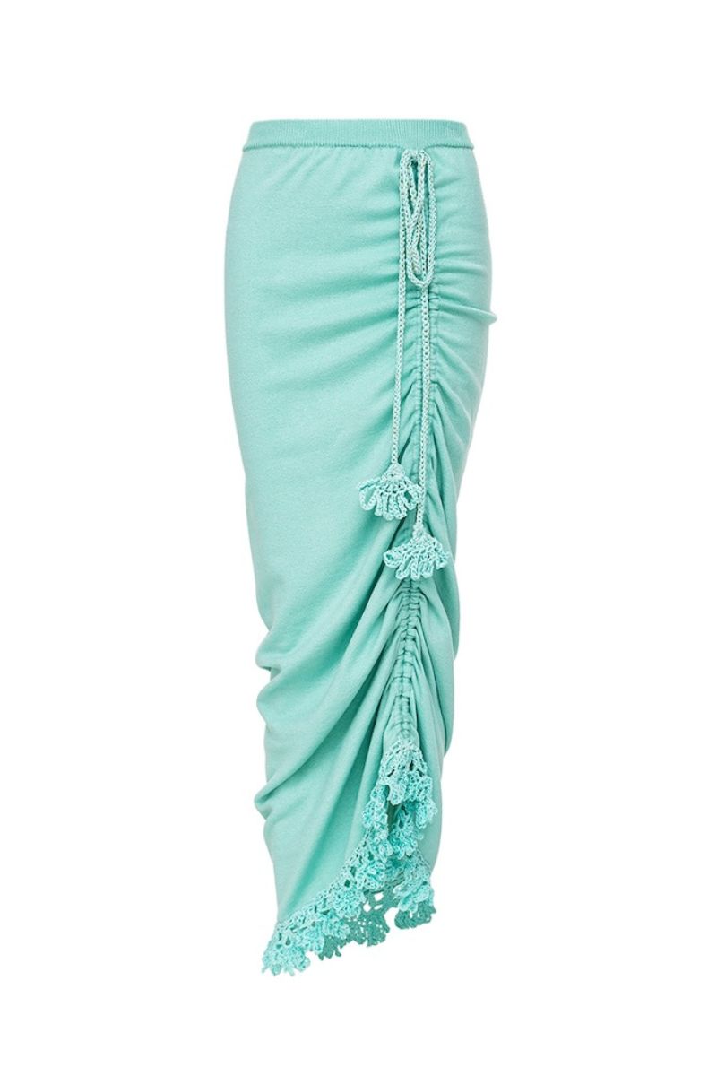 Mint carnation knit midi skirt with handmade embroidery from Andreeva, featuring a fitted waist and intricate floral embroidery.