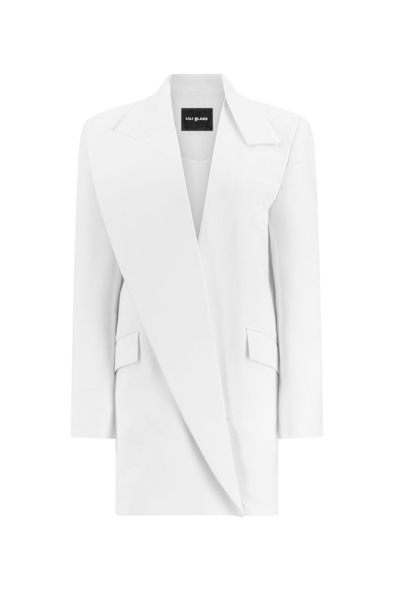 Lili Blanc contemporary straight-cut blazer-inspired dress in neutral fabric, featuring a fitted silhouette and classic lapel design.