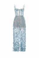 Blue beaded lace pencil gown by Montsand featuring intricate beadwork and elegant lace details, form-fitting design.