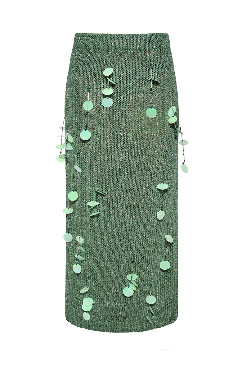 Lalo green hand-knit maxi skirt with embellishments, featuring intricate knit patterns and decorative details.
