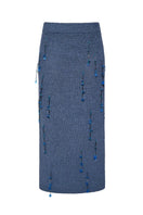 Lalo blue hand-knit pencil maxi skirt with embellishments, showcasing intricate knit details and stylish design.