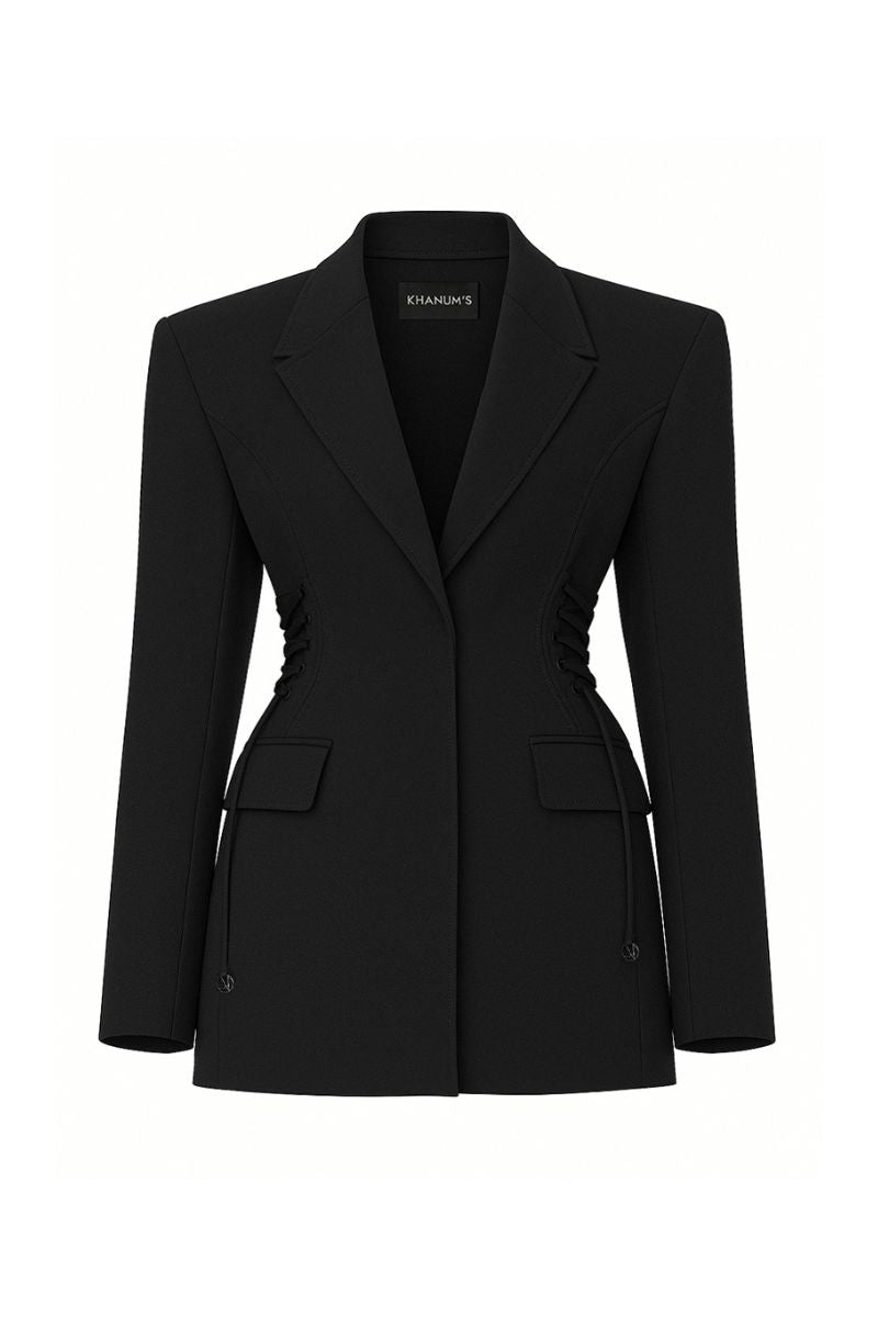 Black KALLISTE blazer by Khanum's, tailored fit blazer with lapels and button closure, shown on a model.