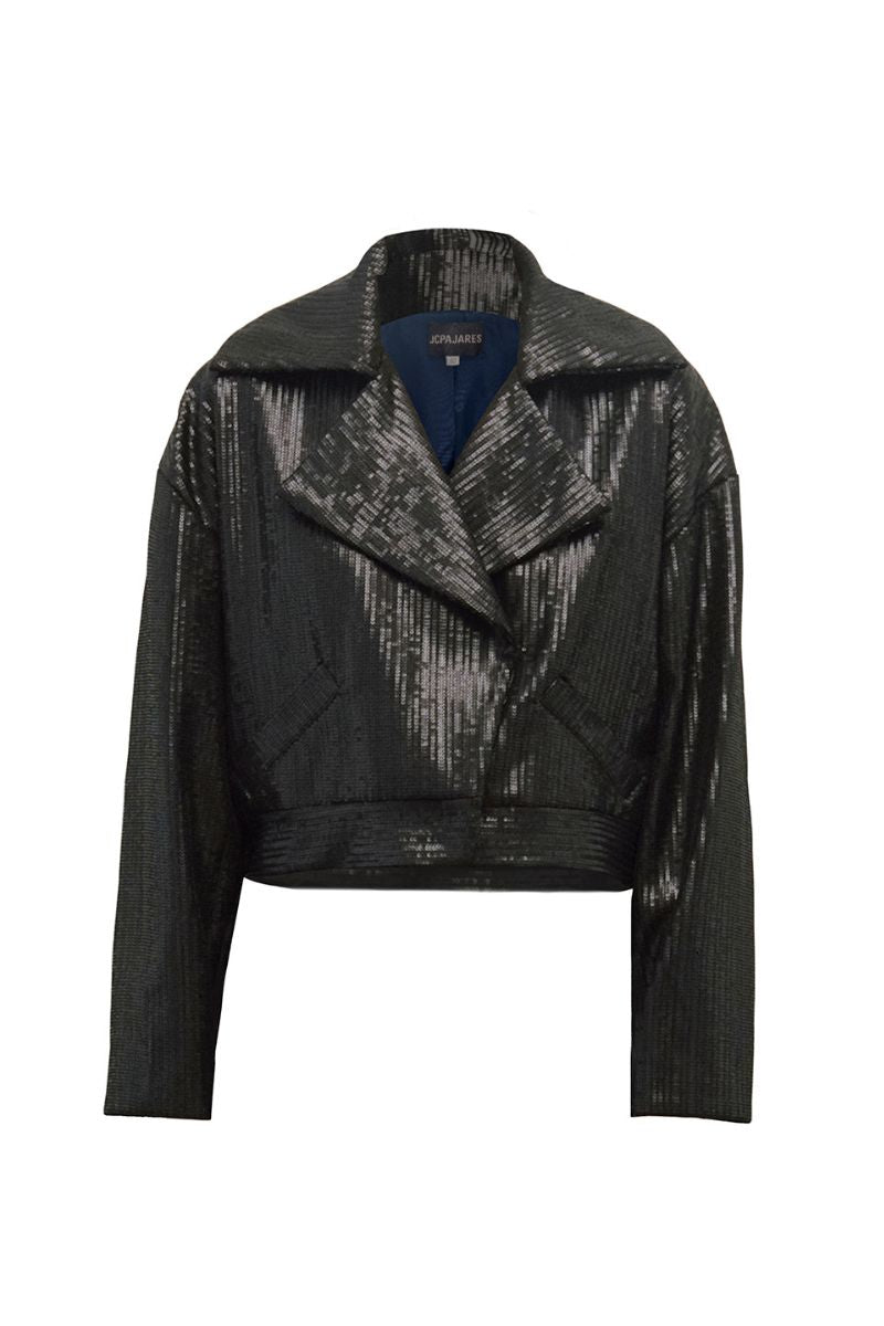 JC Pajares biker jacket with mini palettes, featuring stylish design and textured details, perfect for a trendy, edgy look.