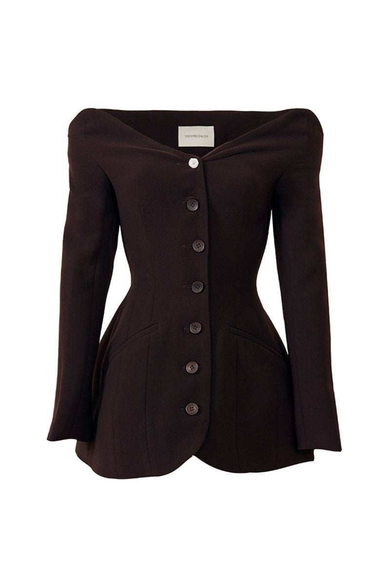YASSMIN SALEH Peekaboo brown blazer featuring a tailored fit and stylish lapels, displayed on a mannequin.
