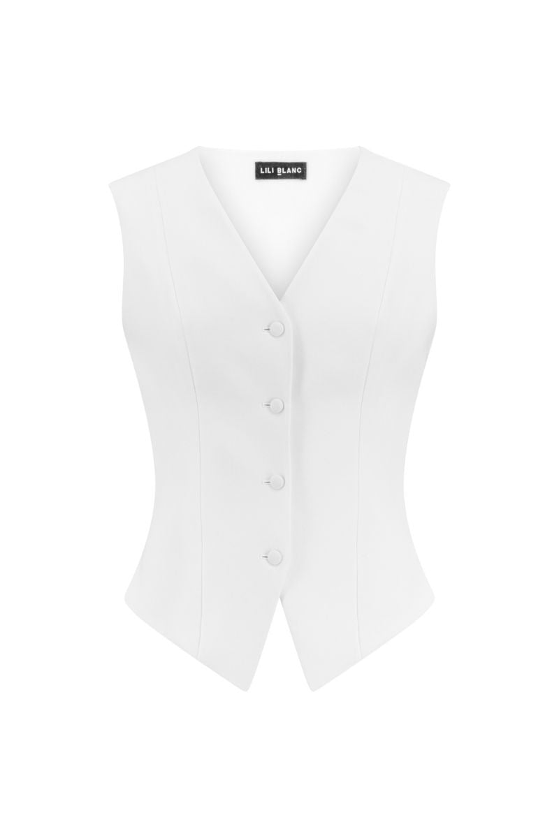 Lili Blanc chic sleeveless vest with sculpted design and tailored fit, displayed on a neutral background.