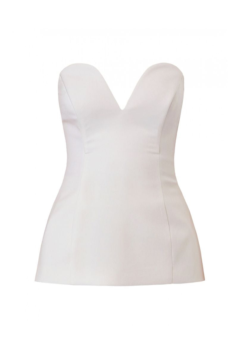 Off-white AGGI by HALEWSKI LAMIA corset top with structured design and adjustable straps, shown on a neutral background.